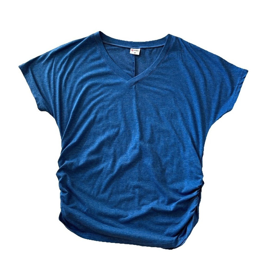 Womens Blue V-Neck Ruched Side Short Sleeve T-Shirt Size M Relaxed Fit Tee - Picture 2 of 4